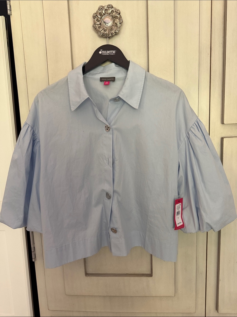 Vince Camuto Pale Blue Boxy Button-Down with Puff Elbow Sleeves